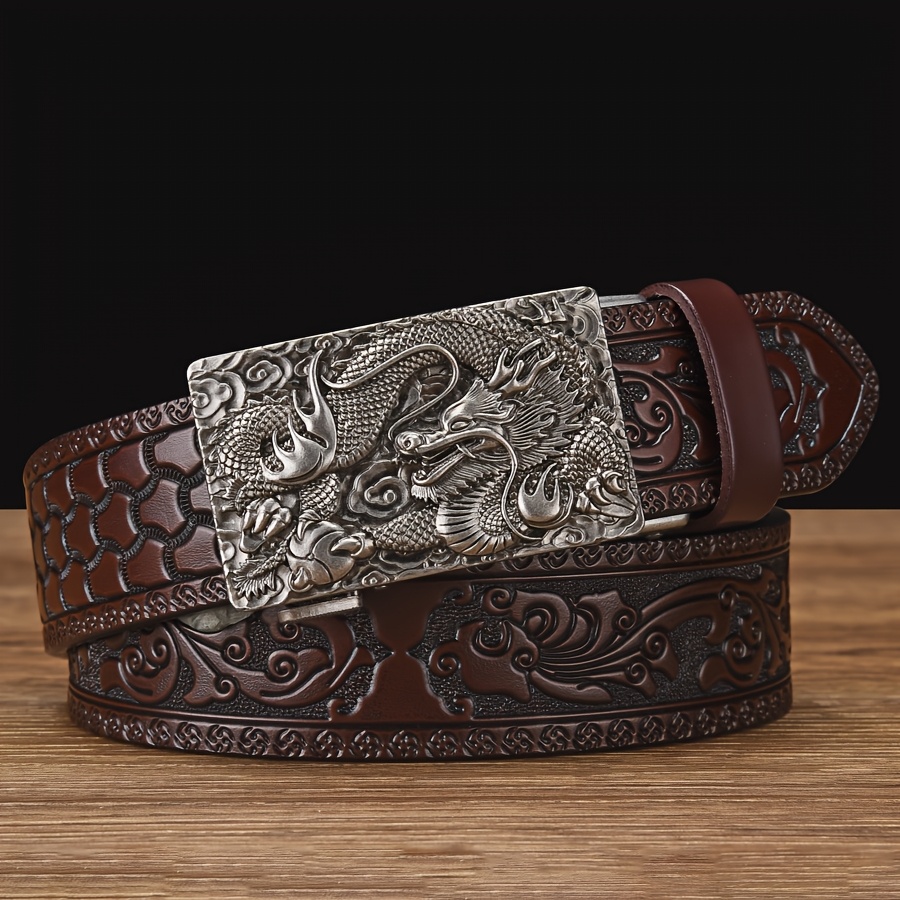 Dragon Head Leather Belt Men Intricate Carving Golden Buckle Brown Cowhide